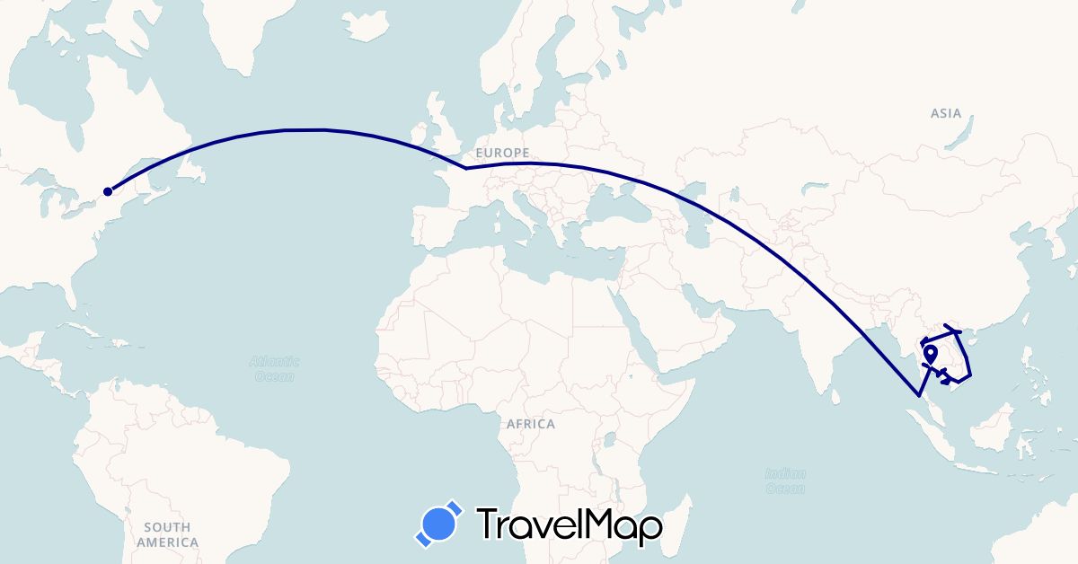 TravelMap itinerary: driving in Canada, France, Cambodia, Thailand, Vietnam (Asia, Europe, North America)